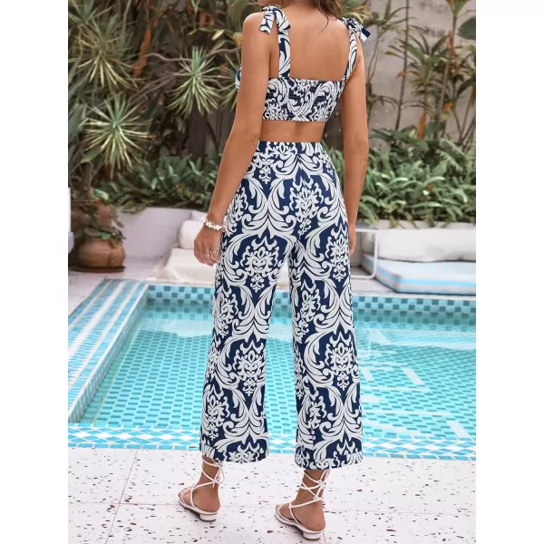 Floerns Women's 2 Piece Boho Floral Print Knot Shoulder Zip Back Crop Cami Top and Maxi Pants Set