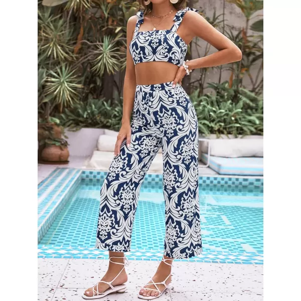 Floerns Women's 2 Piece Boho Floral Print Knot Shoulder Zip Back Crop Cami Top and Maxi Pants Set
