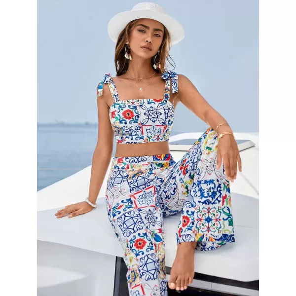 Floerns Women's 2 Piece Boho Floral Print Knot Shoulder Zip Back Crop Cami Top and Maxi Pants Set