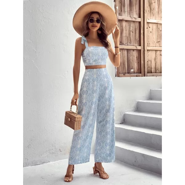 Floerns Women's 2 Piece Boho Floral Print Knot Shoulder Zip Back Crop Cami Top and Maxi Pants Set