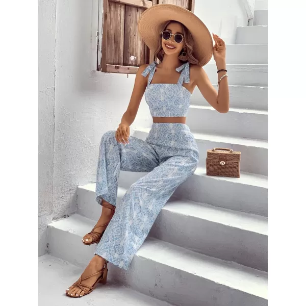 Floerns Women's 2 Piece Boho Floral Print Knot Shoulder Zip Back Crop Cami Top and Maxi Pants Set