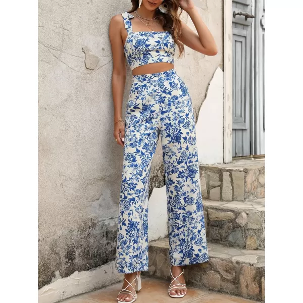 Floerns Women's 2 Piece Boho Floral Print Knot Shoulder Zip Back Crop Cami Top and Maxi Pants Set