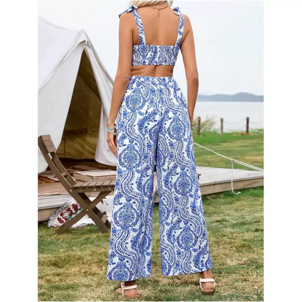 Floerns Women's 2 Piece Boho Floral Print Knot Shoulder Zip Back Crop Cami Top and Maxi Pants Set