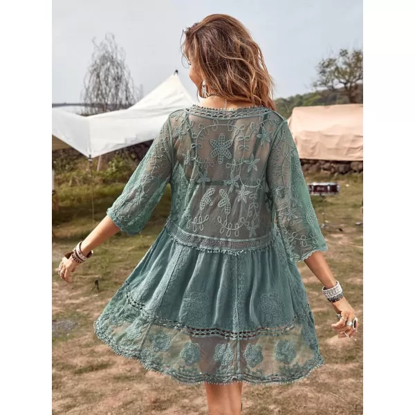Floerns Women's Contrast Lace Plunging V Neck Bikini Cover Up Beach Dress Bathing Suit