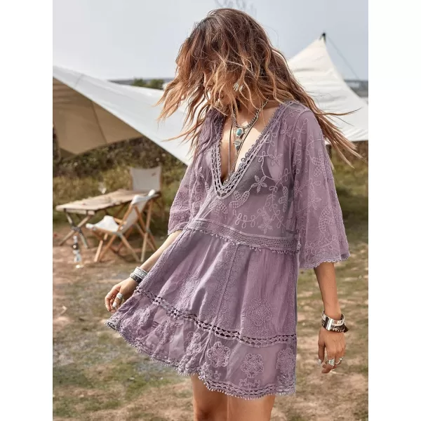 Floerns Women's Contrast Lace Plunging V Neck Bikini Cover Up Beach Dress Bathing Suit