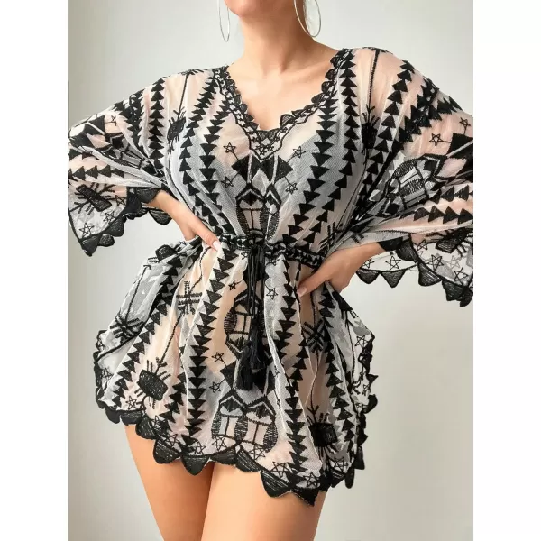 Floerns Women's Contrast Lace Plunging V Neck Bikini Cover Up Beach Dress Bathing Suit