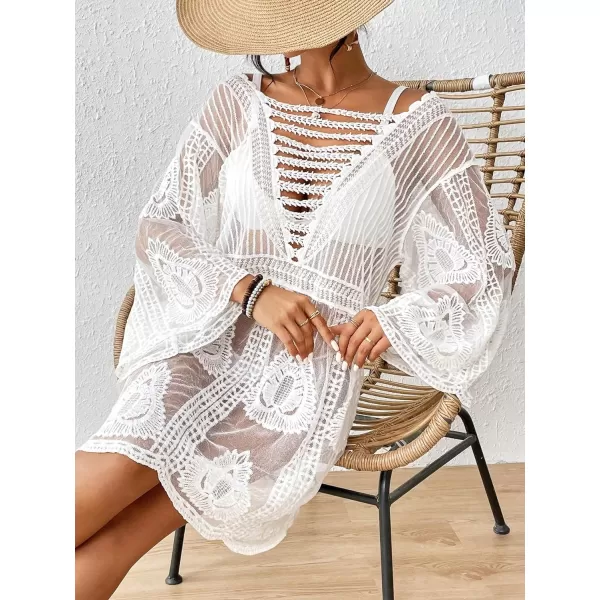 Floerns Women's Contrast Lace Plunging V Neck Bikini Cover Up Beach Dress Bathing Suit
