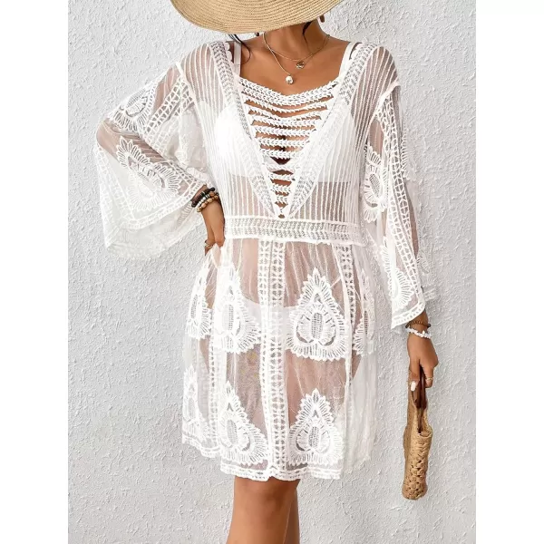 Floerns Women's Contrast Lace Plunging V Neck Bikini Cover Up Beach Dress Bathing Suit
