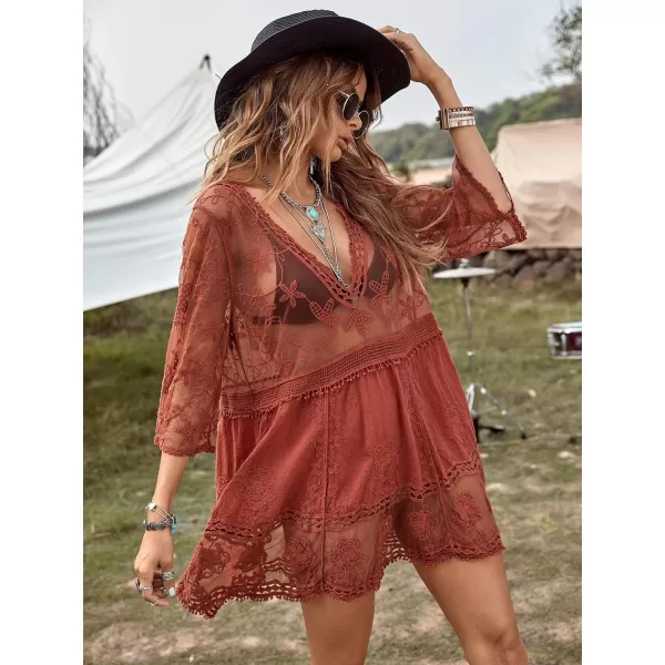 Floerns Women's Contrast Lace Plunging V Neck Bikini Cover Up Beach Dress Bathing Suit