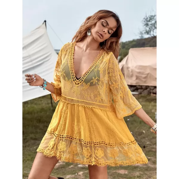 Floerns Women's Contrast Lace Plunging V Neck Bikini Cover Up Beach Dress Bathing Suit