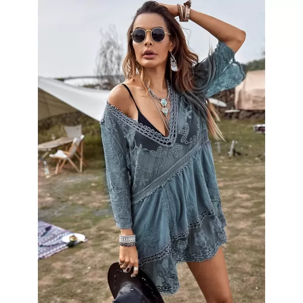 Floerns Women's Contrast Lace Plunging V Neck Bikini Cover Up Beach Dress Bathing Suit