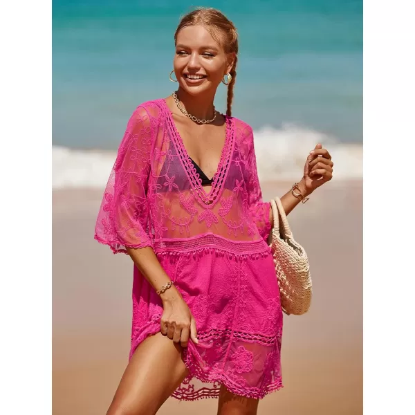 Floerns Women's Contrast Lace Plunging V Neck Bikini Cover Up Beach Dress Bathing Suit