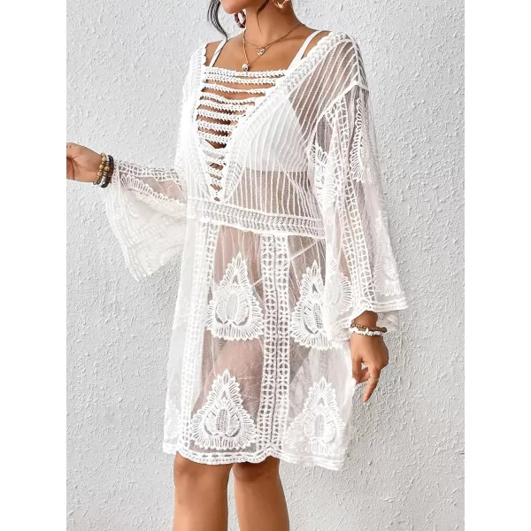 Floerns Women's Contrast Lace Plunging V Neck Bikini Cover Up Beach Dress Bathing Suit