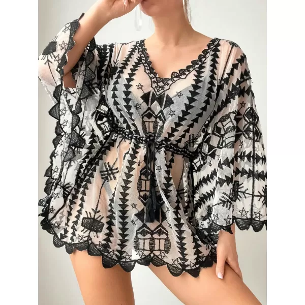 Floerns Women's Contrast Lace Plunging V Neck Bikini Cover Up Beach Dress Bathing Suit