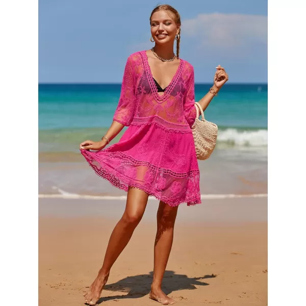 Floerns Women's Contrast Lace Plunging V Neck Bikini Cover Up Beach Dress Bathing Suit