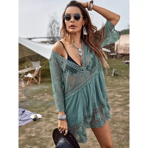Floerns Women's Contrast Lace Plunging V Neck Bikini Cover Up Beach Dress Bathing Suit