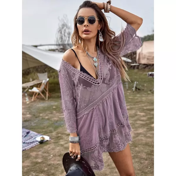 Floerns Women's Contrast Lace Plunging V Neck Bikini Cover Up Beach Dress Bathing Suit