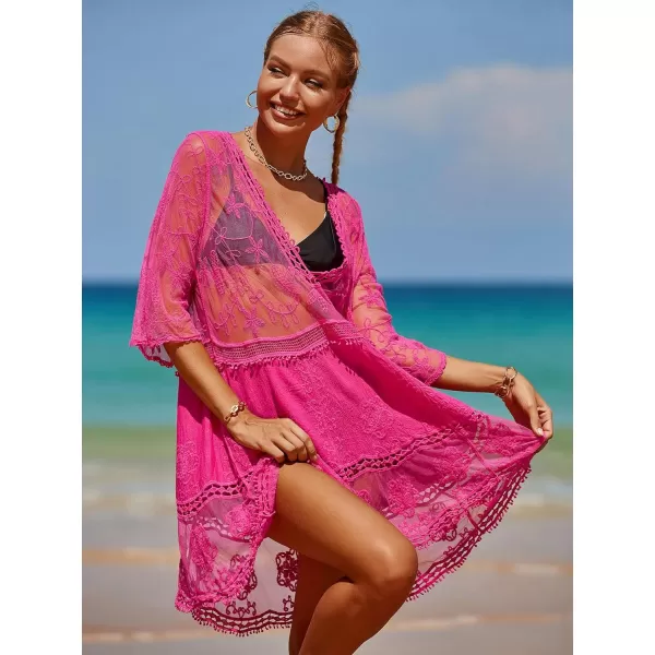 Floerns Women's Contrast Lace Plunging V Neck Bikini Cover Up Beach Dress Bathing Suit
