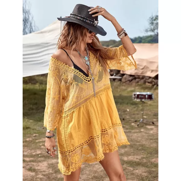Floerns Women's Contrast Lace Plunging V Neck Bikini Cover Up Beach Dress Bathing Suit