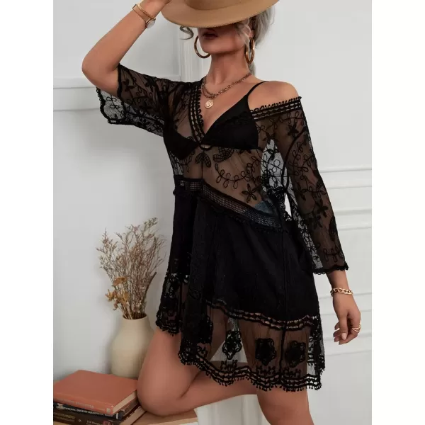 Floerns Women's Contrast Lace Plunging V Neck Bikini Cover Up Beach Dress Bathing Suit