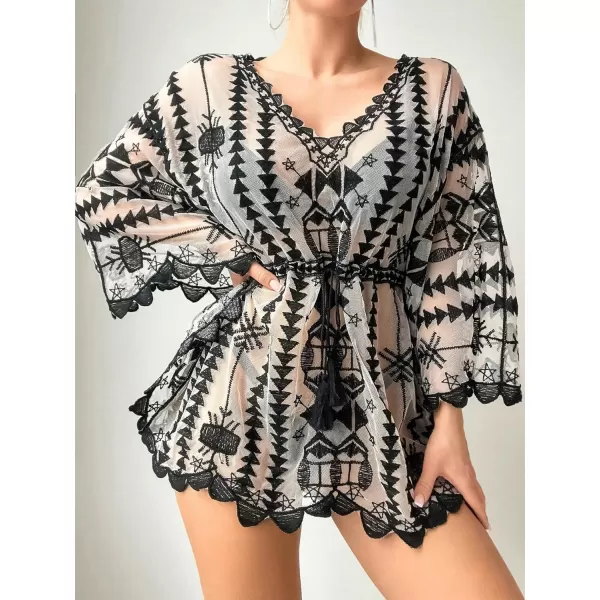 Floerns Women's Contrast Lace Plunging V Neck Bikini Cover Up Beach Dress Bathing Suit