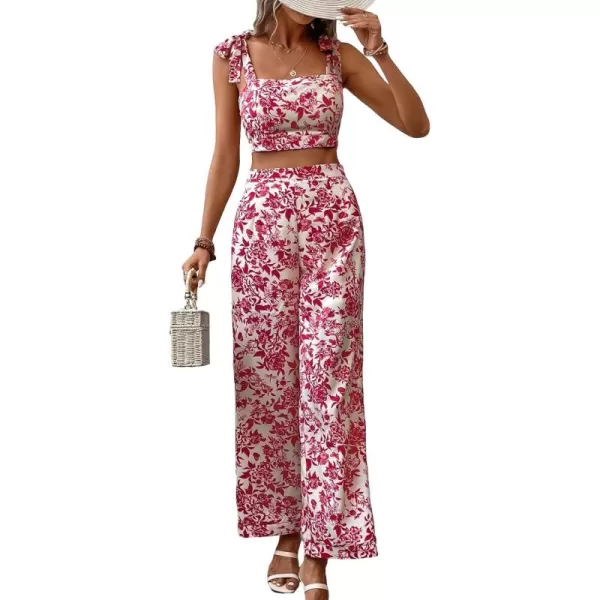 Floerns Women's 2 Piece Boho Floral Print Knot Shoulder Zip Back Crop Cami Top and Maxi Pants Set