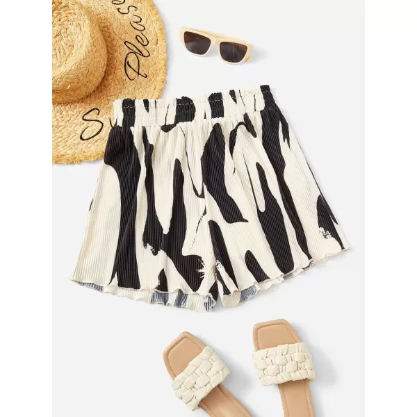 Floerns Women's Graphic Print Lettuce Trim Elastic High Waist Wide Leg Shorts