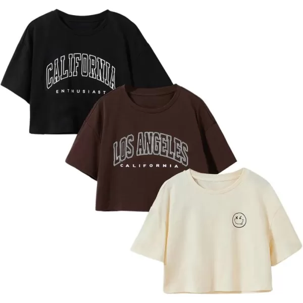 Floerns Girls 3 Pcs Short Sleeve Lettuce Trim Rib Knit Tee Shirt Crop Top