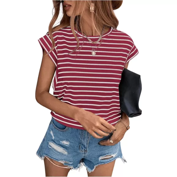Floerns Women's Casual Stripe Print Cap Sleeve T Shirts Round Neck Tee