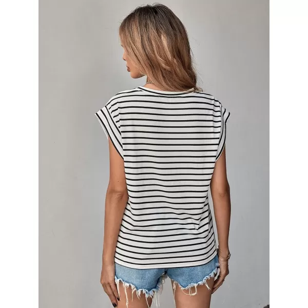 Floerns Women's Casual Stripe Print Cap Sleeve T Shirts Round Neck Tee