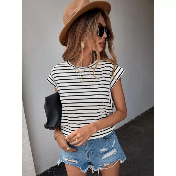 Floerns Women's Casual Stripe Print Cap Sleeve T Shirts Round Neck Tee