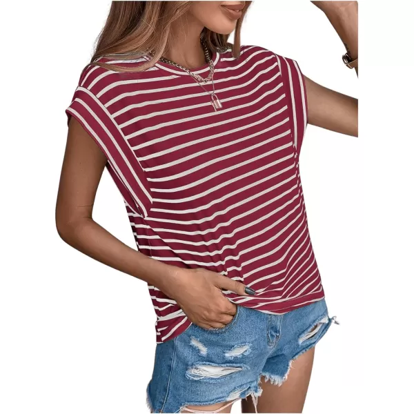 Floerns Women's Casual Stripe Print Cap Sleeve T Shirts Round Neck Tee