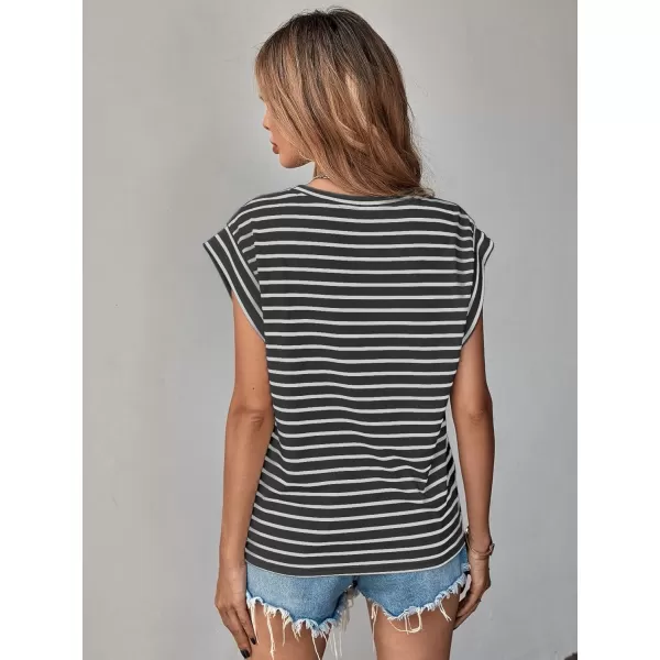 Floerns Women's Casual Stripe Print Cap Sleeve T Shirts Round Neck Tee