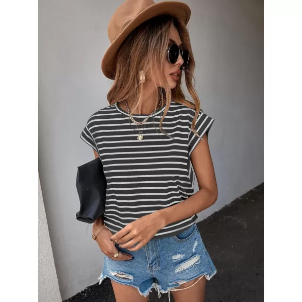 Floerns Women's Casual Stripe Print Cap Sleeve T Shirts Round Neck Tee