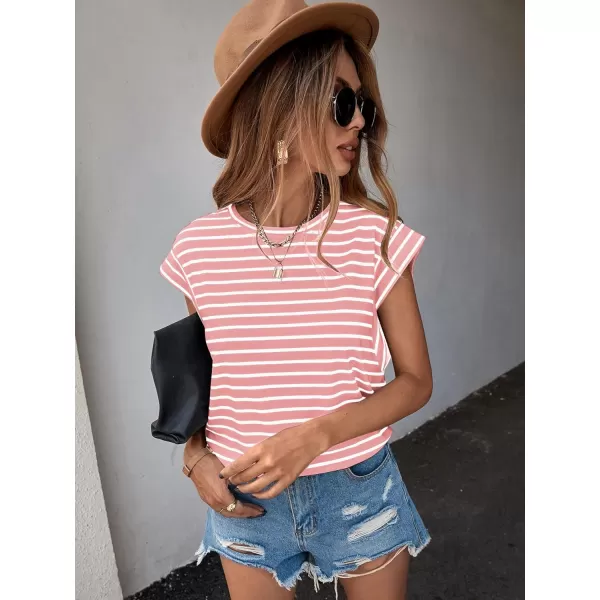 Floerns Women's Casual Stripe Print Cap Sleeve T Shirts Round Neck Tee