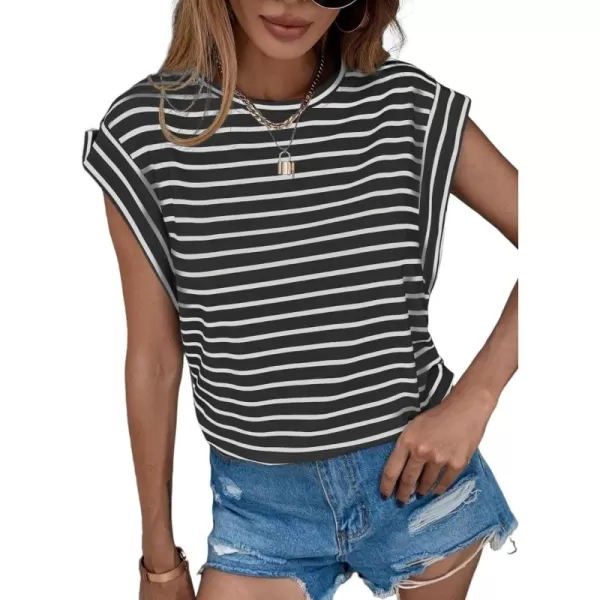 Floerns Women's Casual Stripe Print Cap Sleeve T Shirts Round Neck Tee