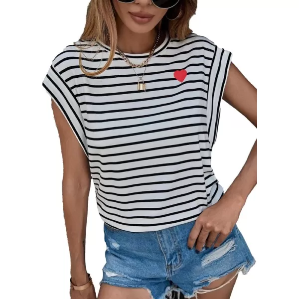 Floerns Women's Casual Stripe Print Cap Sleeve T Shirts Round Neck Tee