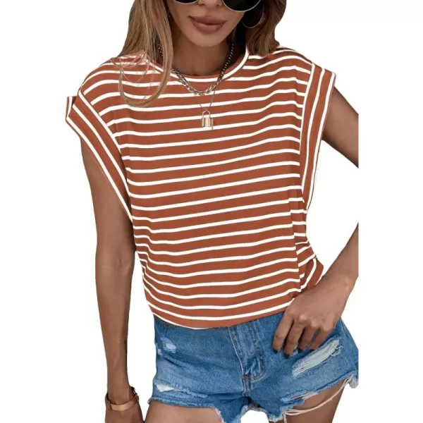 Floerns Women's Casual Stripe Print Cap Sleeve T Shirts Round Neck Tee