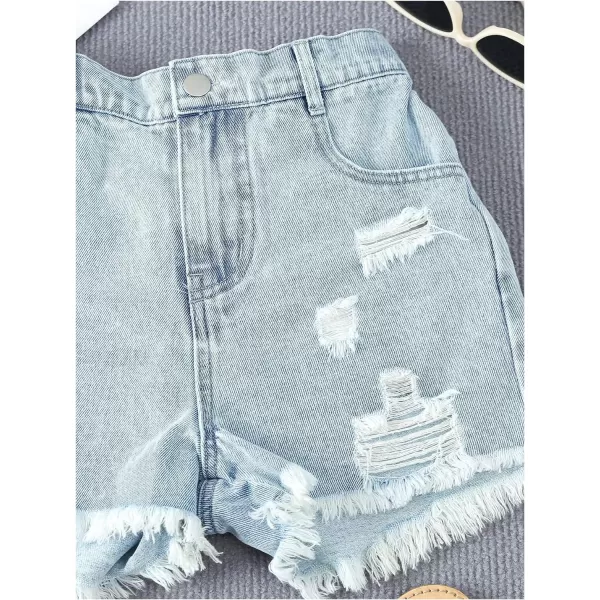Floerns Girl's Ripped Raw Hem Elastic Waist Straight Leg Denim Shorts with Pockets