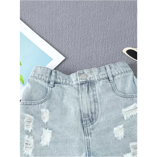 Floerns Girl's Ripped Raw Hem Elastic Waist Straight Leg Denim Shorts with Pockets