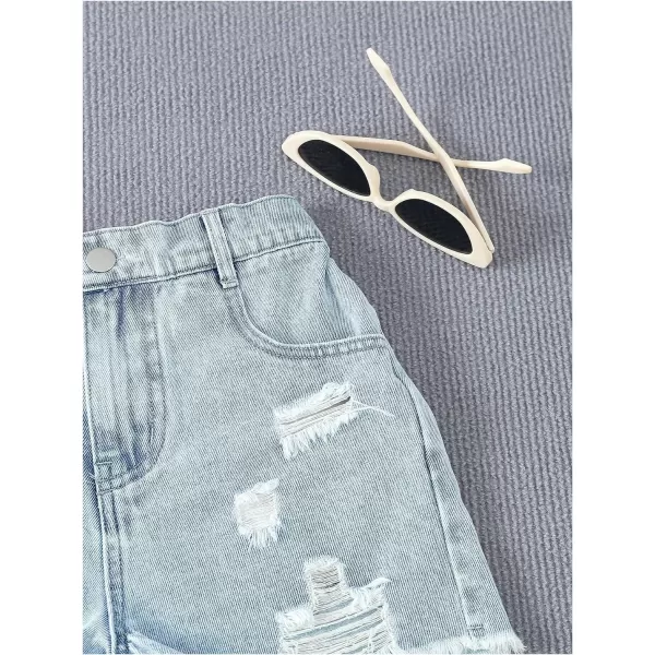 Floerns Girl's Ripped Raw Hem Elastic Waist Straight Leg Denim Shorts with Pockets