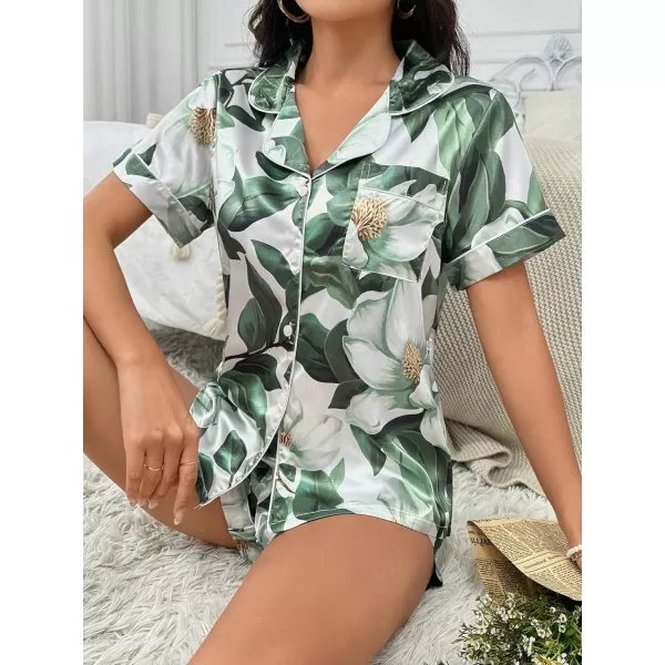 Floerns Women's Notch Collar Print Sleepwear Two Piece Pajama Set
