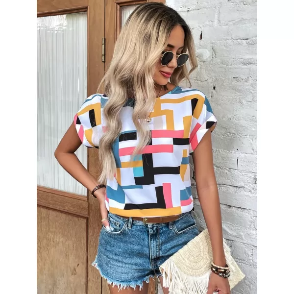 Floerns Women's Short Sleeve Business Casual Tops Graphic Print Office Work Blouse Tops
