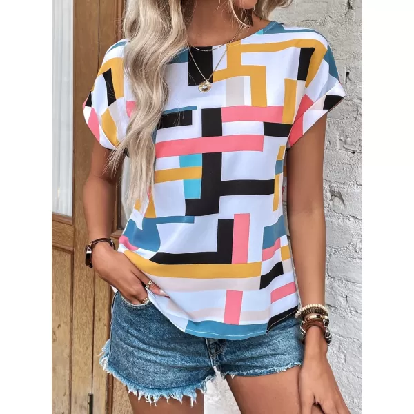 Floerns Women's Short Sleeve Business Casual Tops Graphic Print Office Work Blouse Tops