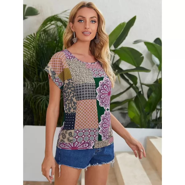 Floerns Women's Short Sleeve Business Casual Tops Graphic Print Office Work Blouse Tops