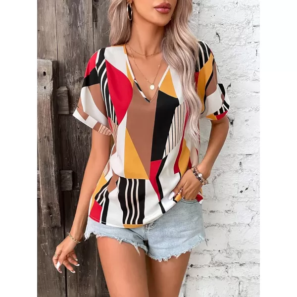 Floerns Women's Short Sleeve Business Casual Tops Graphic Print Office Work Blouse Tops