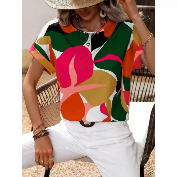 Floerns Women's Short Sleeve Business Casual Tops Graphic Print Office Work Blouse Tops