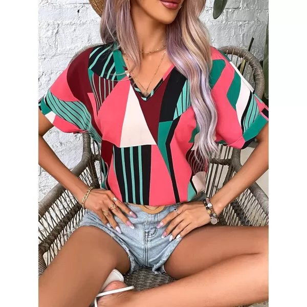 Floerns Women's Short Sleeve Business Casual Tops Graphic Print Office Work Blouse Tops