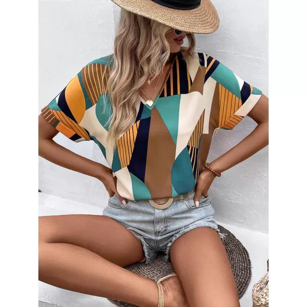 Floerns Women's Short Sleeve Business Casual Tops Graphic Print Office Work Blouse Tops