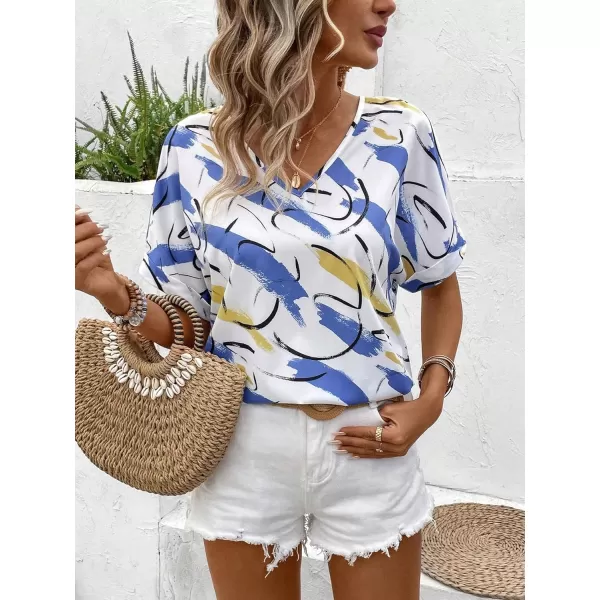 Floerns Women's Short Sleeve Business Casual Tops Graphic Print Office Work Blouse Tops